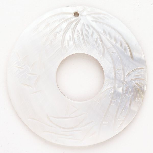 Focal 1pkg1 mother-of-pearl shell (bleached), 60-61mm carved go-go with palm trees, sailboat and wave design. image number 0