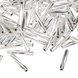 Bead, Miyuki, bugle bead, glass, pkg/250 g, 12x2mm center-drilled twisted, opaque silver (TW-1).