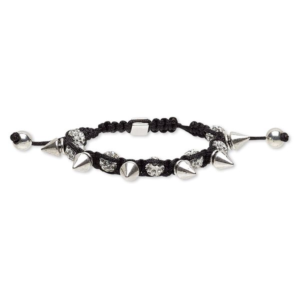 Bracelet, glass rhinestone / nylon / polymer clay / silver- / antique silver-plated "pewter" (zinc-based alloy), black / white / clear, 8mm round and 12x7mm stud, adjustable from 5-1/2 to 8 inches with macramé knot closure. Sold individually. image number 0
