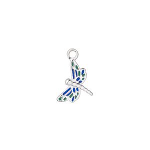 Charm, enamel and sterling silver, green and blue, 14x10mm single-sided dragonfly. Sold individually.