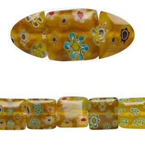 Bead, millefiori glass, yellow, 10x10mm flat square. Sold per 15-inch strand.