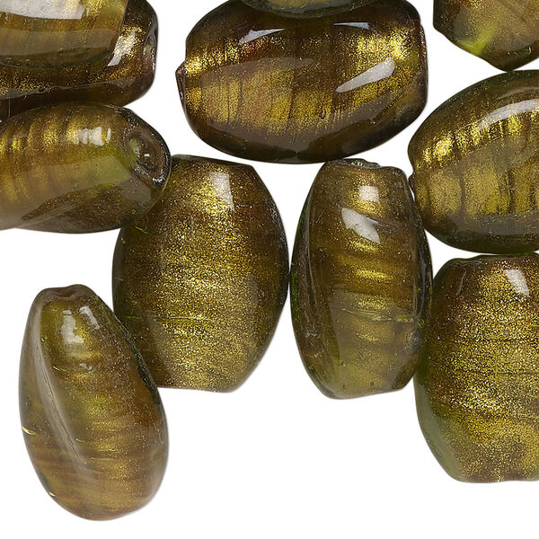 Bead, lampworked glass, translucent dark yellow-green, 18x13mm-19x15mm flat oval with copper-colored glitter. Sold per pkg of 25. image number 0