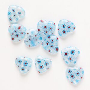 Bead, millefiori glass, pkg/10, translucent and transparent multicolored, 14mm half-drilled puffed heart.