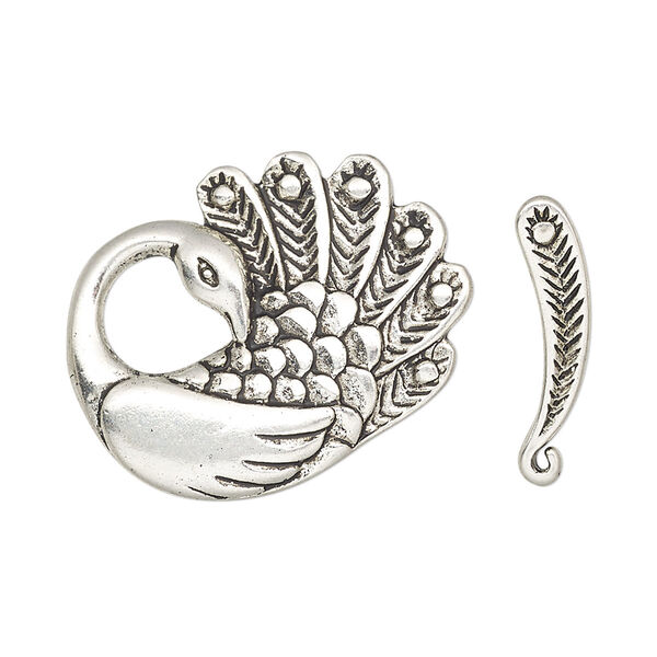 Clasp, toggle, antique silver-finished "pewter" (zinc-based alloy), 27x22mm peacock with hidden loop. Sold per pkg of 2. image number 0