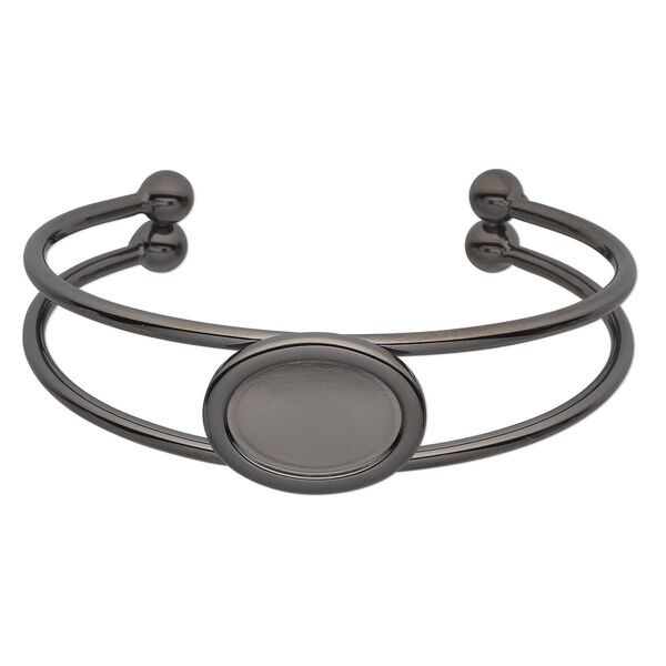 Bracelet, cuff, gunmetal-plated brass and "pewter" (zinc-based alloy), 65x18mm with 18x13mm oval setting, adjustable. Sold individually. image number 0