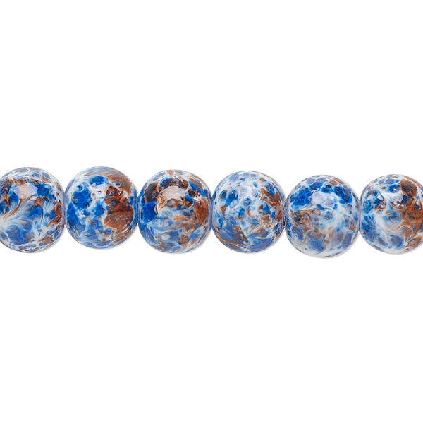 Bead, glass, opaque dark blue / light blue / purple, 7-8mm round with random spotted pattern. Sold per 15-1/2" to 16" strand. image number 0