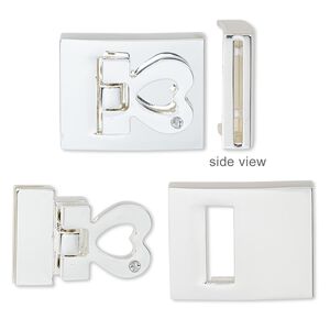 Clasp, hinged buckle 1pkg1, glass rhinestone with silver-finished steel and "pewter" (zinc-based alloy), clear, 29x23mm rectangle with open heart and glue-in ends with (6) micro screws, 20x1.5mm inside diameter.