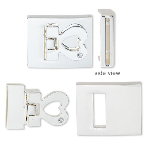 Clasp, hinged buckle 1pkg1, glass rhinestone with silver-finished steel and "pewter" (zinc-based alloy), clear, 29x23mm rectangle with open heart and glue-in ends with (6) micro screws, 20x1.5mm inside diameter. image number 0
