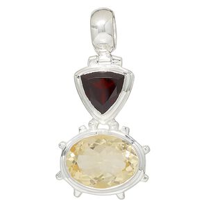 Pendant, citrine (heated) / garnet (natural) / sterling silver, 39x25mm oval and triangle. Sold individually.