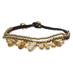 Jasper / nylon / glass / steel / brass 1pkg1, gold finish AB bracelet natural 7-7.5 inch bells / button clasp 18mm