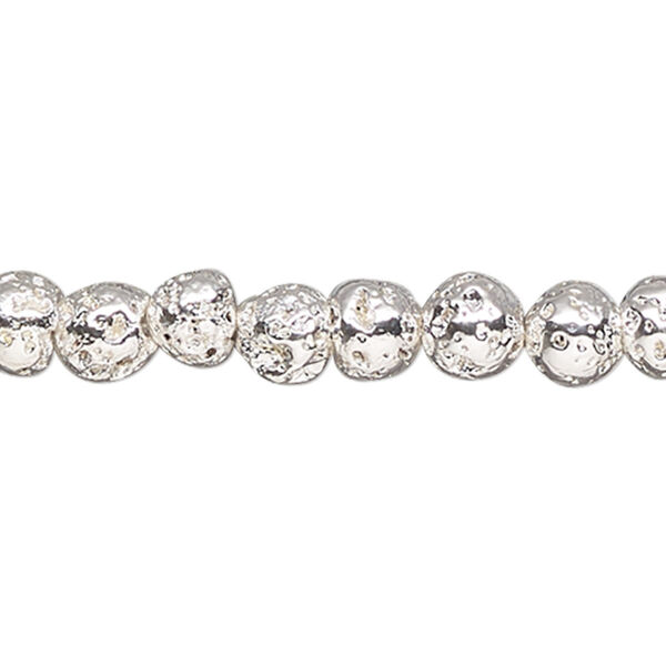 Bead, silver-finished lava rock (coated), 6-7mm round. Sold per 15-1/2" to 16" strand. image number 0