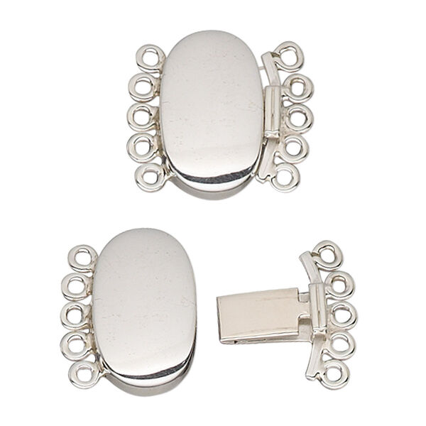 Clasp, 5-strand tab, sterling silver, 18x11mm oval. Sold individually. image number 0