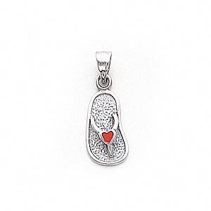 Pendant, enamel and 14KtW white gold, red, 16x9mm flip flop with heart. Sold individually.