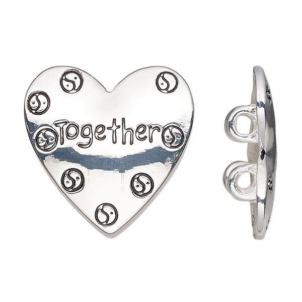 Spacer, silver-finished "pewter" (zinc-based alloy), 25x24mm 2-strand heart with yin-yang design and "Together" with hidden loops, fits up to 6mm bead. Sold individually. image number 0