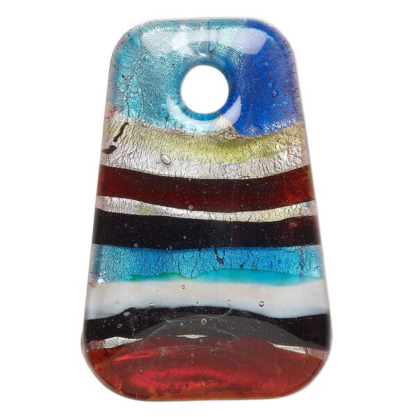 Focal, lampworked glass, opaque multicolored, 61x40mm-62x41mm trapezoid with silver-colored foil and line design. Sold individually. image number 0