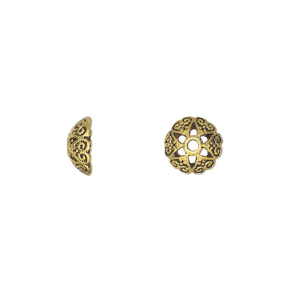 Bead cap, antique gold-finished "pewter" (zinc-based alloy), 9.5x4mm round with cutout flower, fits 6-10mm round bead. Sold per pkg of 20. image number 0