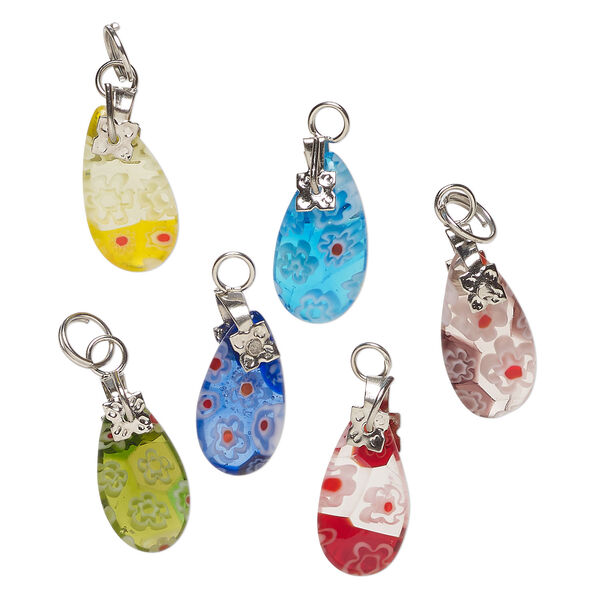 Drop mix, millefiori glass and silver-finished steel 1pkg6, translucent multicolored, 16x9mm-18x10mm puffed teardrop. image number 0