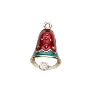 Charm, enamel / crystals / gold-finished "pewter" (zinc-based alloy), red / green / crystal clear, 20x15mm left- and right-facing single-sided bell. Sold per pkg of 2.