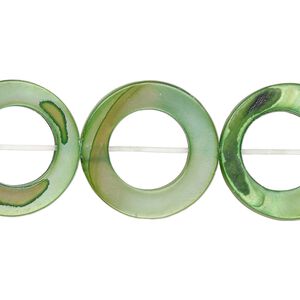 Bead, mother-of-pearl shell (dyed), green, 20mm round donut, Mohs hardness 3-1/2. Sold per 15-1/2" to 16" strand.