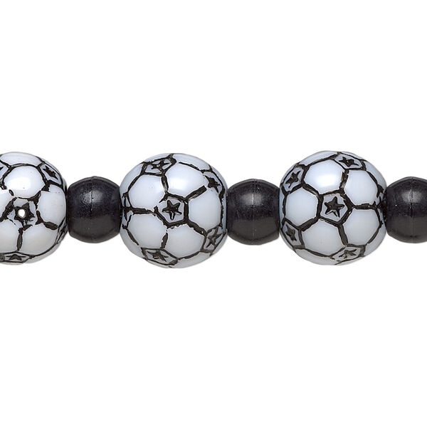 Bead, acrylic, black and white, 7x5.5mm crow and 11mm soccer ball. Sold per 8-inch strand. image number 0