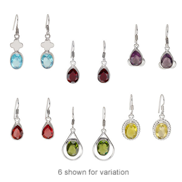 Earring mix, glass with silver- and antiqued silver-finished brass, mixed colors, 1-1/4 inch to 1-3/4 inch oval and teardrop with fishhook ear wire. Sold per pkg of 3 pairs. image number 0