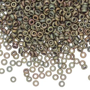Seed bead, Miyuki, glass, pkg/50g, 3x1.3mm spacer rondelle, opaque iris khaki, (SPR3-2035).