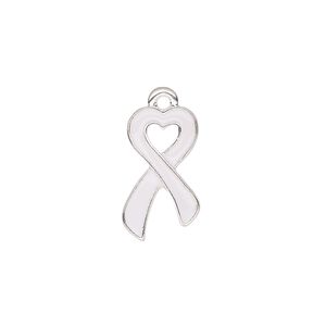 Charm, enamel and silver-finished "pewter" (zinc-based alloy), white, 18x10.5mm single-sided awareness ribbon heart. Sold per pkg of 2.