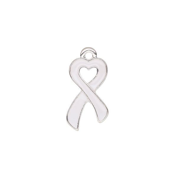 Charm, enamel and silver-finished "pewter" (zinc-based alloy), white, 18x10.5mm single-sided awareness ribbon heart. Sold per pkg of 2. image number 0