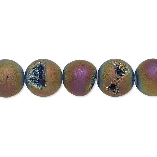 Bead, electroplated druzy agate (coated), matte rainbow, 10mm round, B- grade, Mohs hardness 6-1/2 to 7. Sold per 8-inch strand, approximately 20 beads. image number 0