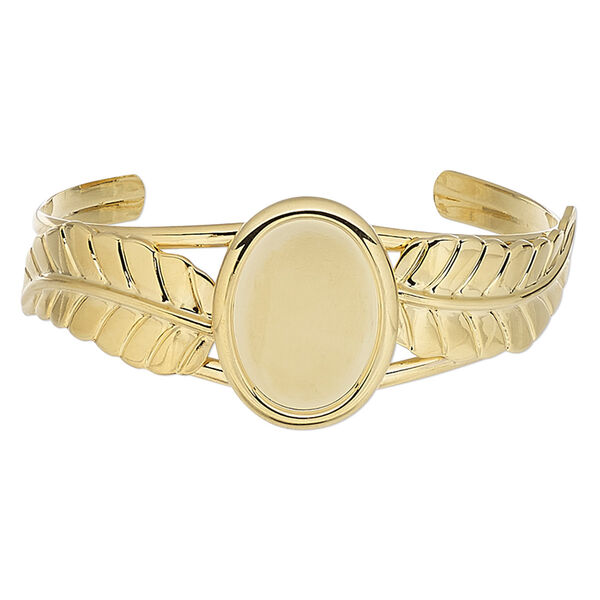 Bracelet, cuff, gold-plated brass / steel / "pewter" (zinc-based alloy), 30mm wide with 65x31mm feather and 25x18mm oval setting, adjustable. Sold individually. image number 0