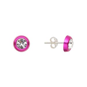 Earstud, Create Compliments®, enamel and sterling silver, hot pink, 8mm round. Sold per pair.