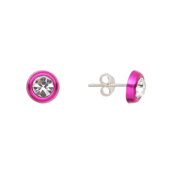 Earstud, Create Compliments®, enamel and sterling silver, hot pink, 8mm round. Sold per pair. image number 0