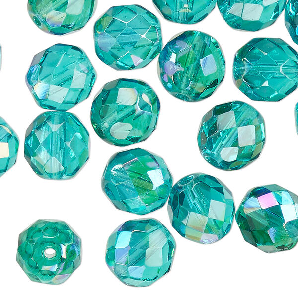 Bead, Czech fire-polished glass, light aqua AB, 10mm faceted round. Sold per pkg of 600 (1/2 mass). image number 0