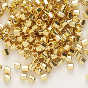 Seed bead, Delica®, glass, pkg/250g, #8 cut, opaque 24Kt gold-plated (DBLC-0031).