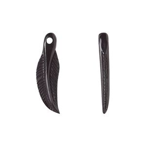Drop, horn (natural), black, 20x6mm hand-carved feather. Sold per pkg of 2.
