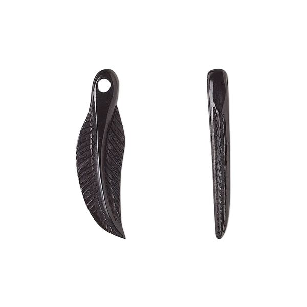 Drop, horn (natural), black, 20x6mm hand-carved feather. Sold per pkg of 2. image number 0