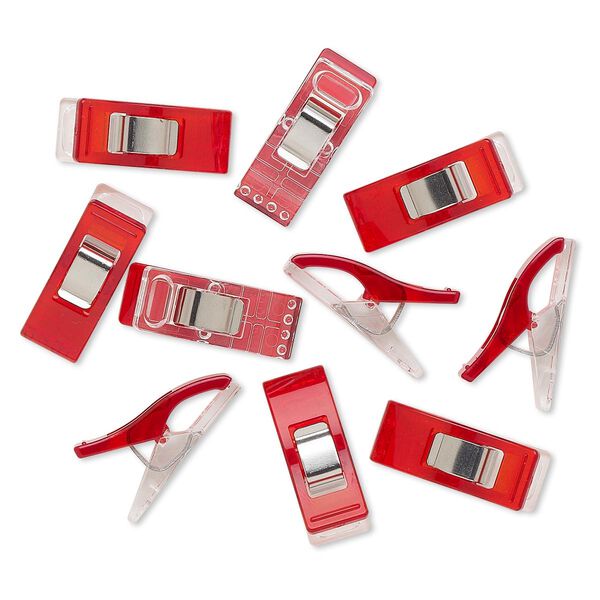 Wonder clip, Clover, stainless steel and plastic, red and clear, 26x10mm. Sold per pkg of 10. image number 0