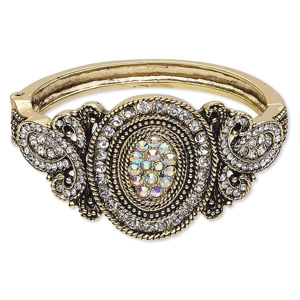 Bracelet, hinged bangle, glass rhinestone / antique gold-finished steel / "pewter" (zinc-based alloy), clear and clear AB, 41mm wide with oval and loop design, 6 inches. Sold individually. image number 0