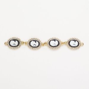 Link, gold-finished brass and steel / glass / acrylic, black / white / clear, 21x7mm faceted oval with cameo with lady. Sold per pkg of 4.