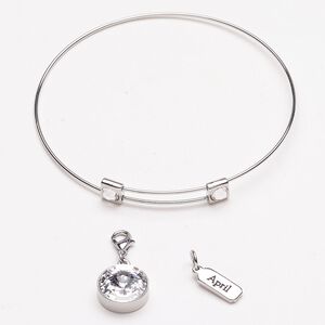Bracelet and charm "pewter" zinc-based alloy steel 3pk 8-inch bangle, silver finish clear