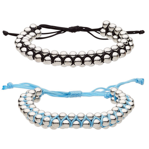 Bracelet, nylon and silver-coated plastic, black and turquoise blue, 11mm wide with 6mm round, adjustable from 6-1/2 to 8-1/2 inches with wrapped knot closure. Sold per pkg of 2. image number 0