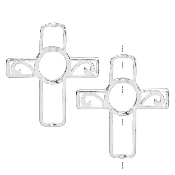 Bead frame, silver-finished "pewter" (zinc-based alloy), 35.5x31.5mm cross with curls, fits up to 5mm and 8mm beads. Sold per pkg of 2. image number 0