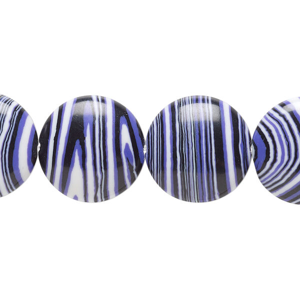 Bead, resin, black / white / purple, 16mm flat round. Sold per 15" to 16" strand. image number 0