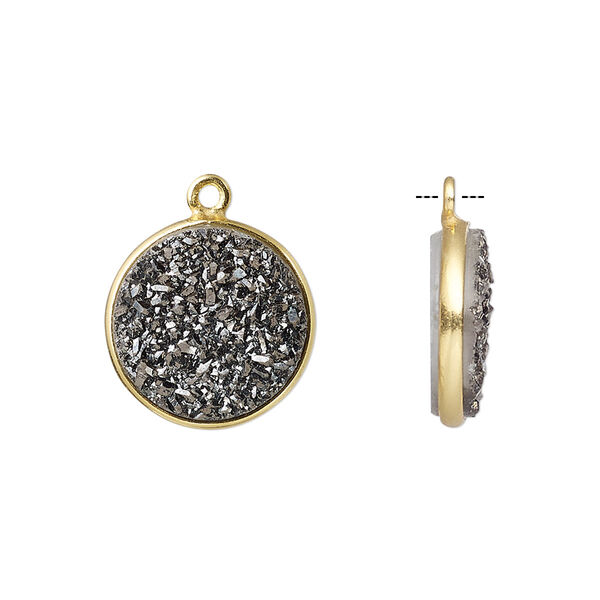 Drop, titanium- / electro-coated druzy agate (coated) / gold-finished sterling silver, black, 15mm hand-cut single-sided flat round. Sold individually. image number 0