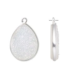 Druzy agate / sterling silver 1pkg1, electrocoated hand-cut flat teardrop drop 21x16mm-22x17mm