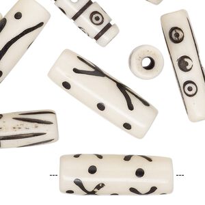 Bead, bone (dyed), black, 25x8mm hand-carved round tube with line designs, Mohs hardness 2-1/2. Sold per pkg of 12.