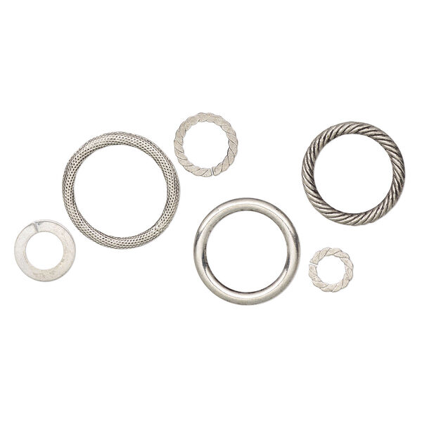 Component mix, antiqued silver-finished steel and "pewter" (zinc-based alloy), 10-25mm open round with mixed design. Sold per pkg of 19. image number 1
