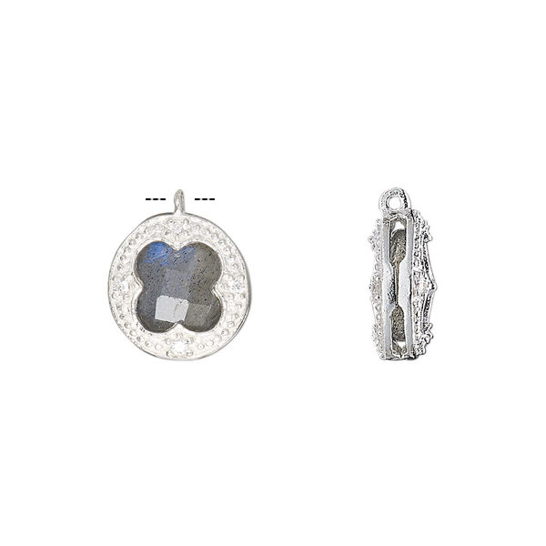 Drop, labradorite (natural) / cubic zirconia / sterling silver, clear, 12mm two-sided faceted round. Sold individually. image number 0