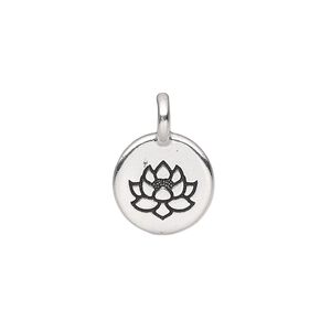 Drop, TierraCast®, antique silver-plated pewter (tin-based alloy), 11.5mm single-sided round with lotus. Sold per pkg of 2.