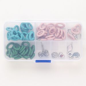 Finding assortment, mixed materials, pkg/70, silver finish and mixed colors, assorted shapes and sizes.